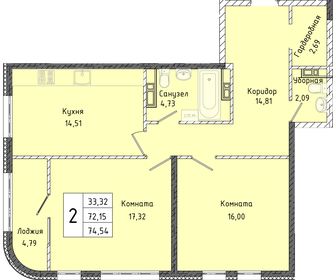 Квартира 74,5 м², 2-комнатная - изображение 1