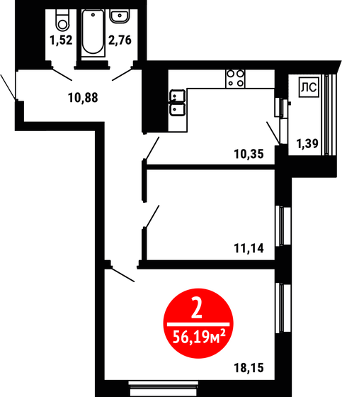 56,2 м², 2-комнатная квартира 6 461 850 ₽ - изображение 1