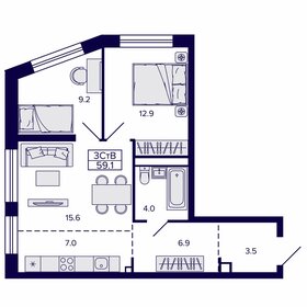 Квартира 59,1 м², 3-комнатная - изображение 1