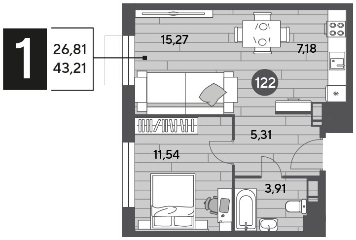 43,2 м², 1-комнатная квартира 5 954 338 ₽ - изображение 1