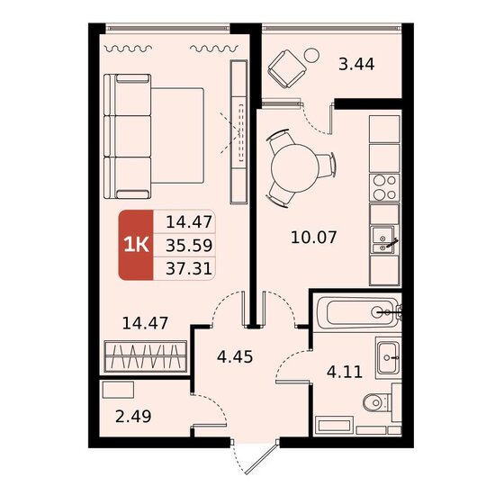 37,3 м², 1-комнатная квартира 6 637 449 ₽ - изображение 1