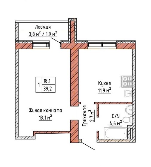 39,2 м², 1-комнатная квартира 3 567 200 ₽ - изображение 1