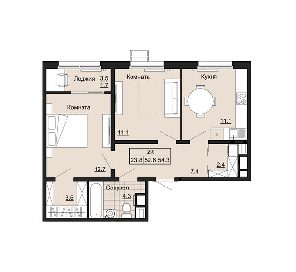 54,3 м², 2-комнатная квартира 4 561 200 ₽ - изображение 1