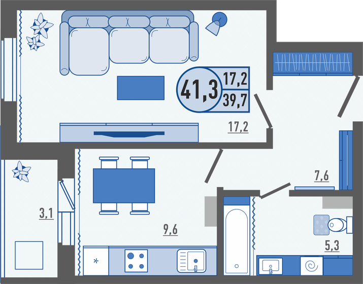 41,3 м², 1-комнатная квартира 3 911 110 ₽ - изображение 1