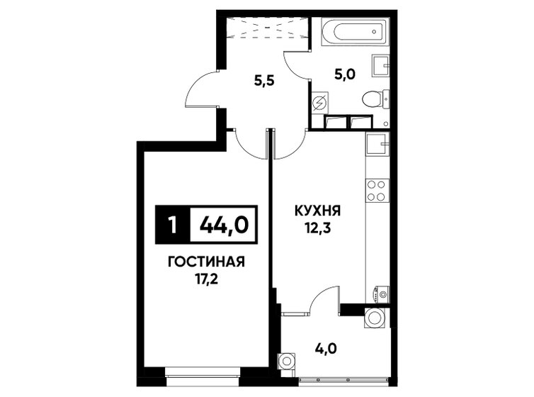 44 м², 1-комнатная квартира 4 866 400 ₽ - изображение 1
