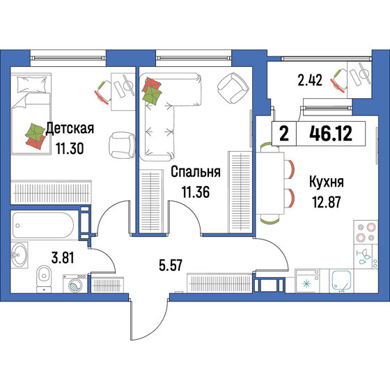 46,1 м², 2-комнатная квартира 7 037 912 ₽ - изображение 1