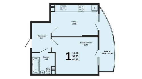 Квартира 42 м², 1-комнатная - изображение 1