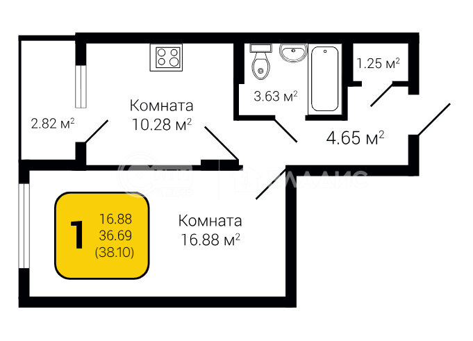 38,1 м², 1-комнатная квартира 4 191 000 ₽ - изображение 1