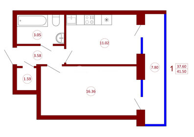 Квартира 41,5 м², 1-комнатная - изображение 1