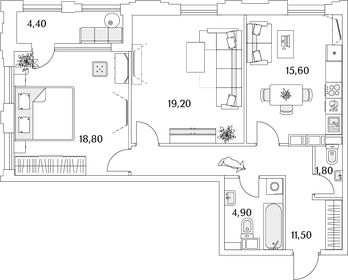 Квартира 74 м², 2-комнатная - изображение 1