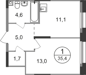 Квартира 35,4 м², 1-комнатная - изображение 1