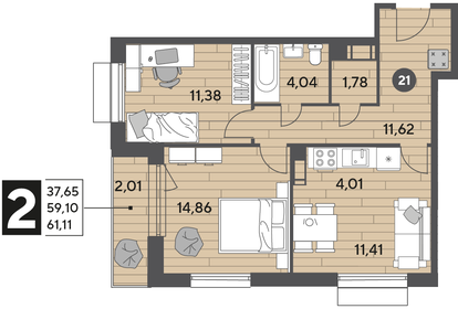 59,5 м², 2-комнатная квартира 7 966 452 ₽ - изображение 11