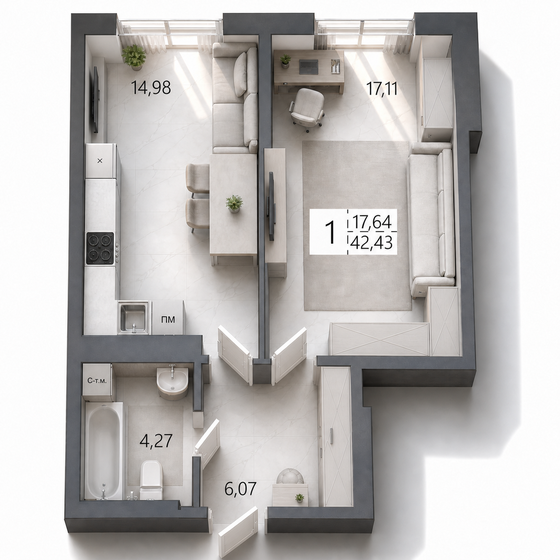 42,4 м², 1-комнатная квартира 7 552 540 ₽ - изображение 11