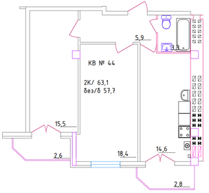 Квартира 63,1 м², 2-комнатная - изображение 1