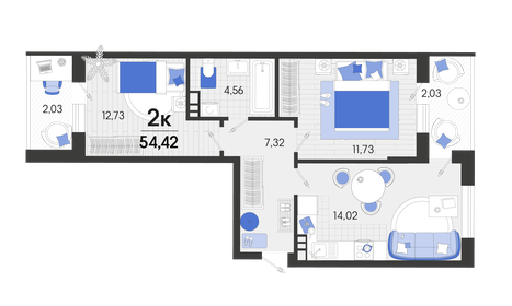 54,4 м², 2-комнатная квартира 7 614 600 ₽ - изображение 14