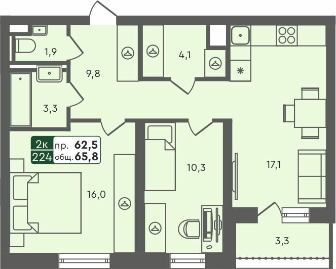 65,8 м², 2-комнатная квартира 6 590 000 ₽ - изображение 1