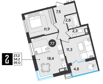 59,1 м², 2-комнатная квартира 7 753 920 ₽ - изображение 11