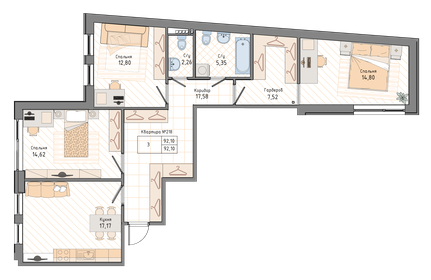 Квартира 92,1 м², 3-комнатная - изображение 1