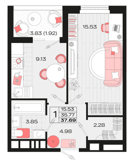37,7 м², 1-комнатная квартира 5 161 645 ₽ - изображение 1