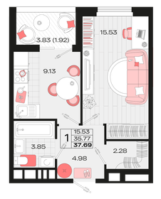 37,7 м², 1-комнатная квартира 5 163 015 ₽ - изображение 54