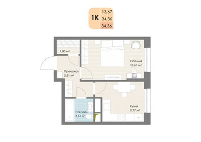 Квартира 34,4 м², 1-комнатная - изображение 1