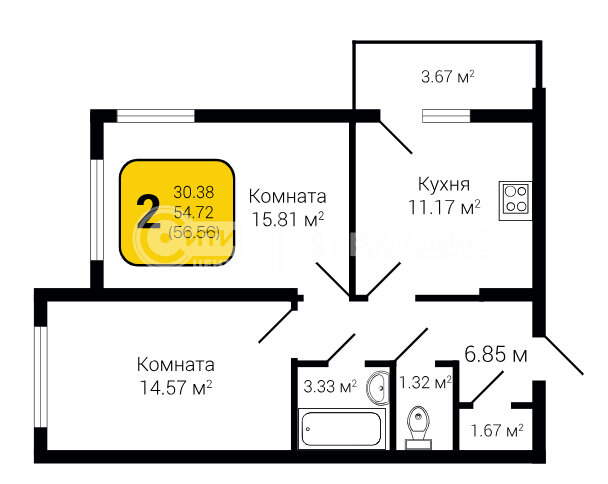 56,6 м², 2-комнатная квартира 5 825 680 ₽ - изображение 7