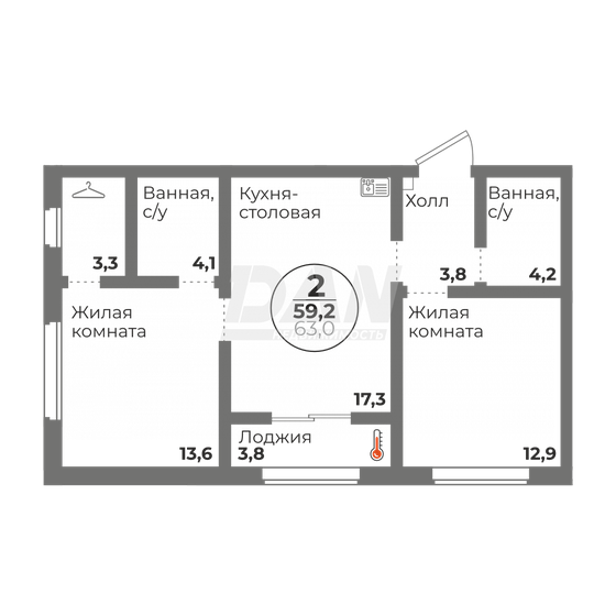 59,2 м², 2-комнатная квартира 9 900 000 ₽ - изображение 1