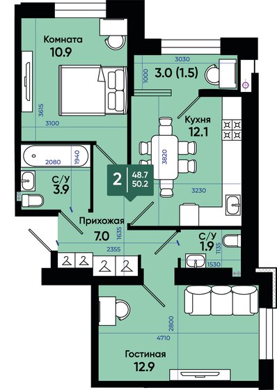 50,4 м², 2-комнатная квартира 5 493 600 ₽ - изображение 1