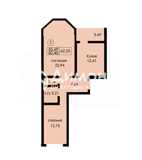 62,3 м², 2-комнатная квартира 4 517 500 ₽ - изображение 1