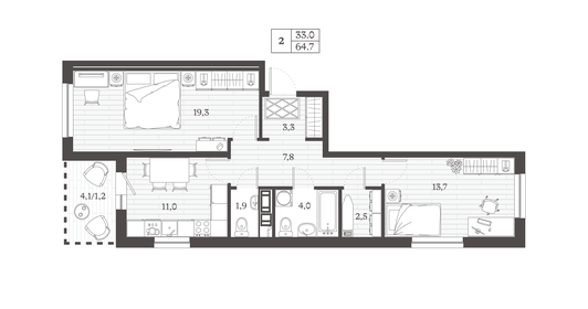 Квартира 64,7 м², 2-комнатная - изображение 1