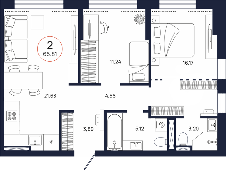 65,8 м², 2-комнатная квартира 7 703 000 ₽ - изображение 1