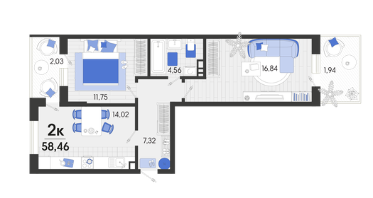 58 м², 2-комнатная квартира 7 541 300 ₽ - изображение 11