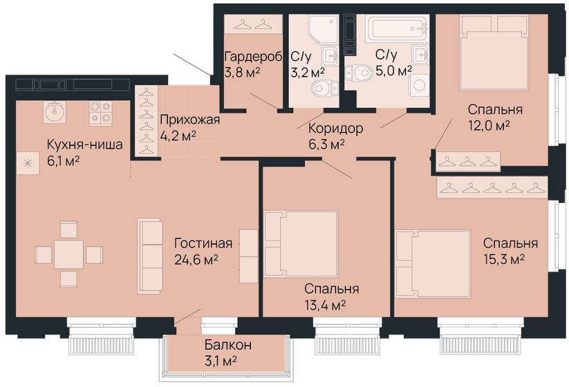 94,8 м², 3-комнатная квартира 23 320 800 ₽ - изображение 1