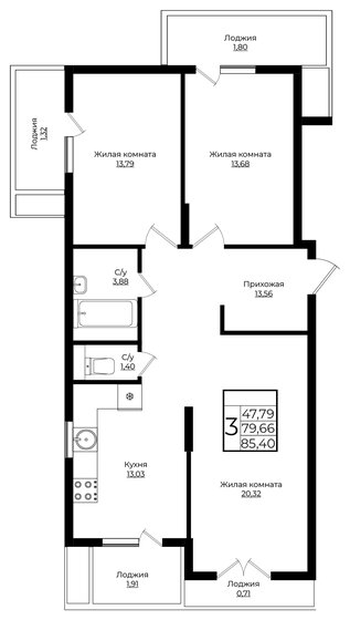 85,4 м², 3-комнатная квартира 10 904 303 ₽ - изображение 1