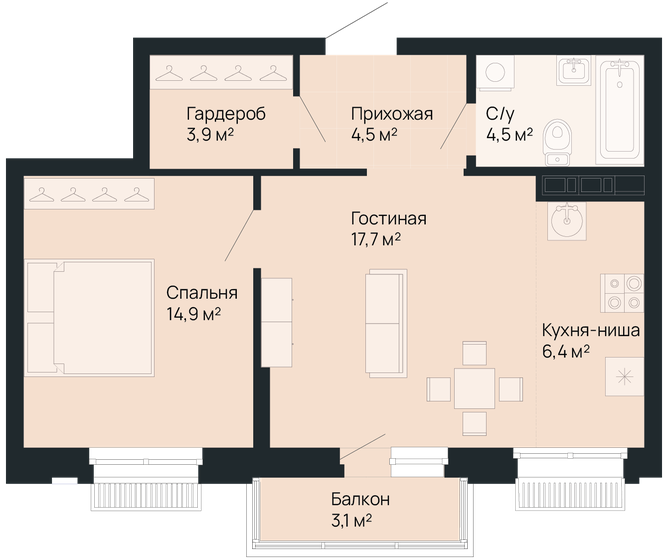 52,8 м², 1-комнатная квартира 13 622 400 ₽ - изображение 1
