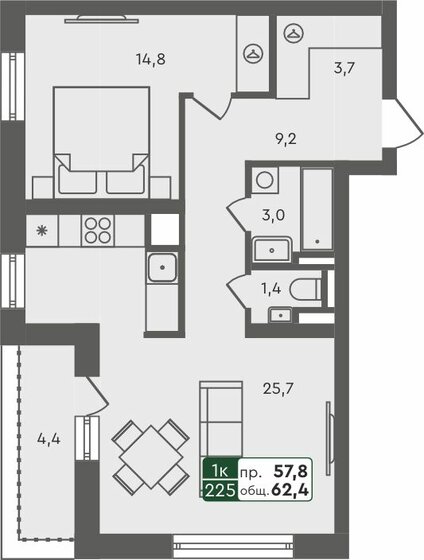 62,2 м², 1-комнатная квартира 6 920 000 ₽ - изображение 1