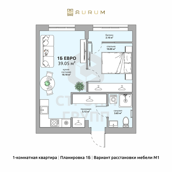 39,1 м², 1-комнатная квартира 5 213 650 ₽ - изображение 1