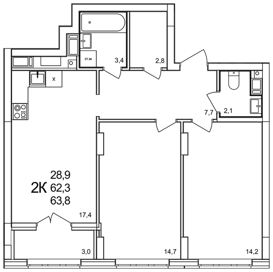 63,8 м², 2-комнатная квартира 8 613 000 ₽ - изображение 1
