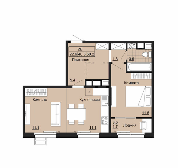 50,2 м², 2-комнатная квартира 4 141 500 ₽ - изображение 1