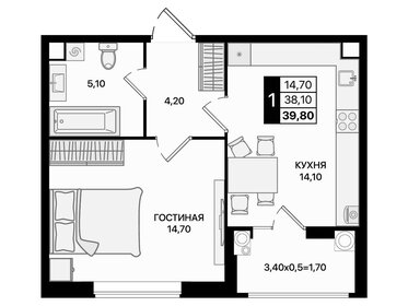 Квартира 39,8 м², 1-комнатная - изображение 1
