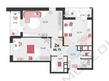 66,1 м², 2-комнатная квартира 7 500 000 ₽ - изображение 1