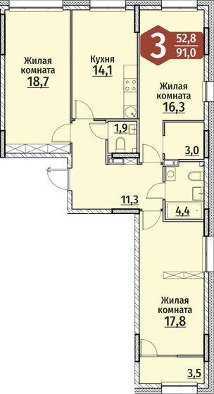 92,8 м², 3-комнатная квартира 9 100 000 ₽ - изображение 1