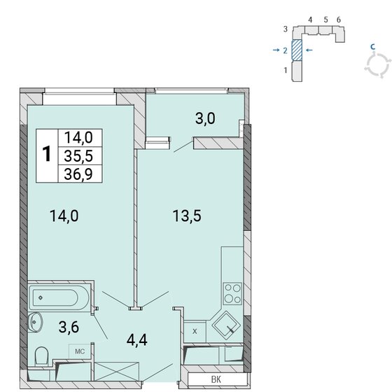 37 м², 1-комнатная квартира 6 355 700 ₽ - изображение 1