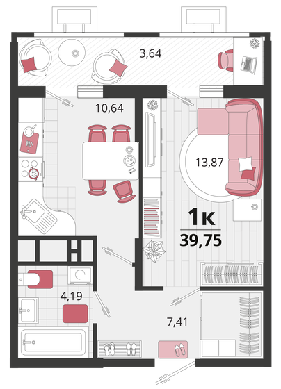 39,8 м², 1-комнатная квартира 5 970 000 ₽ - изображение 1