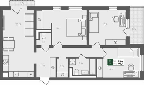 Квартира 91,4 м², 3-комнатная - изображение 1