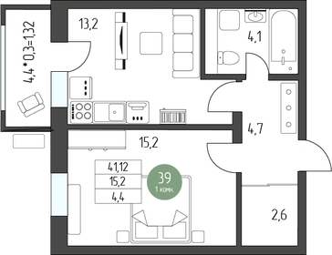 41,2 м², 1-комнатная квартира 4 500 000 ₽ - изображение 12