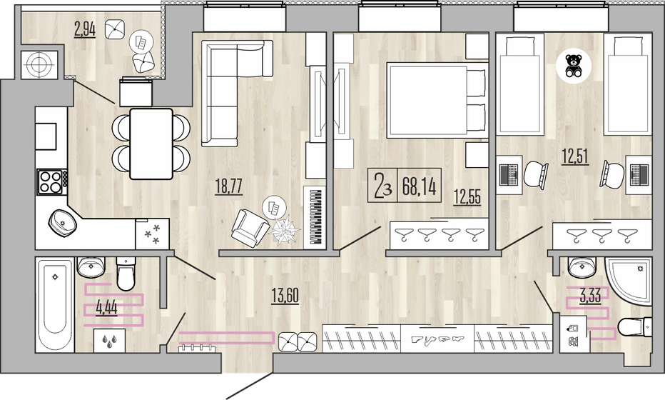 68,1 м², 2-комнатная квартира 5 166 925 ₽ - изображение 1