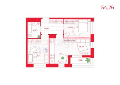 Квартира 54,3 м², 2-комнатная - изображение 1