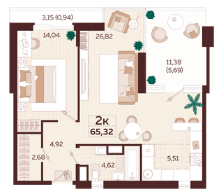 Квартира 65,3 м², 2-комнатная - изображение 1