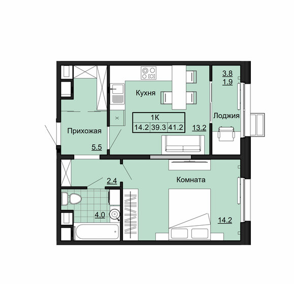 41,2 м², 1-комнатная квартира 3 584 400 ₽ - изображение 1